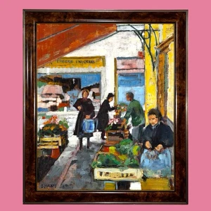 Dipinto olio impressionismo vintage del mercato di Mentoni Francia incorniciato firmato - Foto 1 di 7