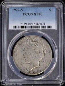 1922-S $1 Peace Silver Dollar PCGS XF 40 - Picture 1 of 4