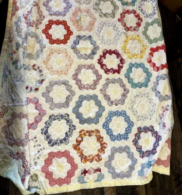VTG Handstich Quilt Grandmother Flower Garden Feed Flour Sack 68" x 83” *DAMAGED - Image 1 of 4