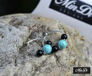Earrings, hoop earrings with sterling silver, turquoise magnesite & black onyx. - Picture 1 of 4