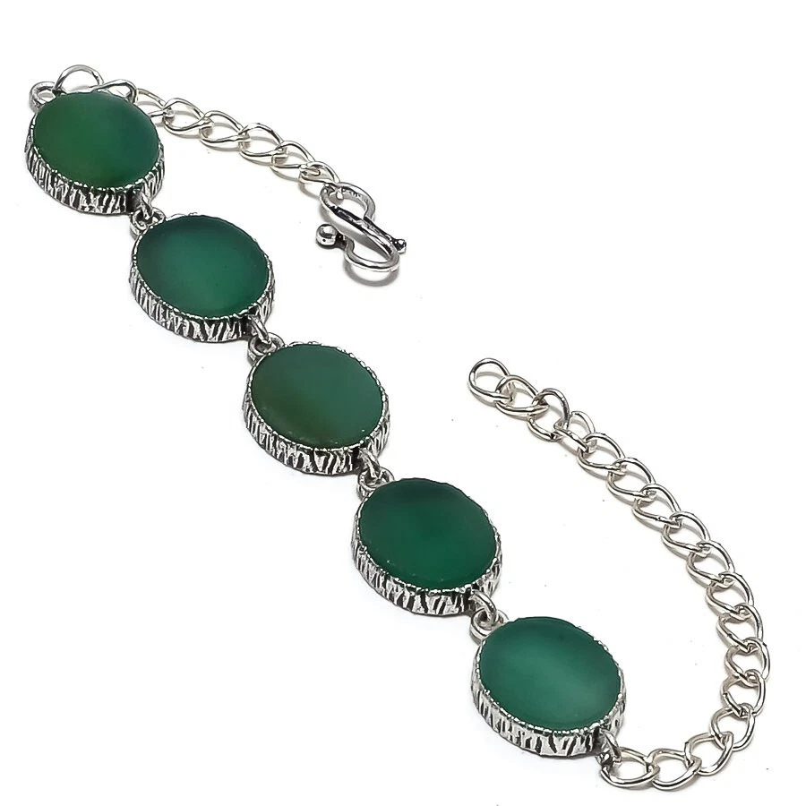 Brazalete de joyería enchapado en plata con piedras preciosas de ónix verde 7-8" Foto 1 de 1