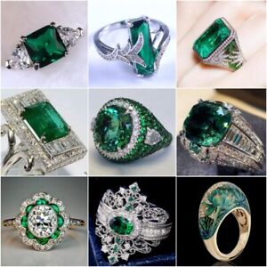 925 Silver Rings Women Emerald fashion Wedding Engagement Ring Jewelry Size 6-11