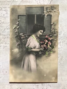 Beautiful Lady Flowers French Fashion Original Vintage Postcard  - Picture 1 of 6