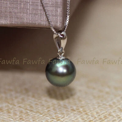 Cadena de Plata Colgante Perla de Tahití 14K Perla Tahití Verde Natural Real Perla Perla Perla Perfecto Foto 1 de 4