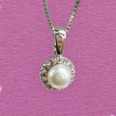 Collana oro bianco 18kt carati nuovo donna laccio ciondolo perla naturale tonda. - Immagine 1 di 4