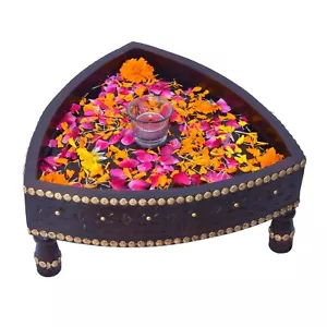 Wooden Chakki Table Hand Carved Grinder Table Brass Fitted Table Coffee Table - Picture 1 of 5