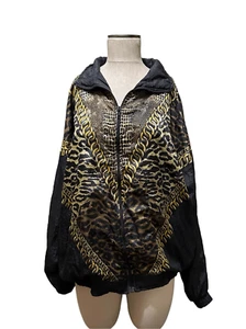 Vintage 90s Lauren Brooke Windbreaker Bomber Jacket Black Animal Print Gold XL - Picture 1 of 10