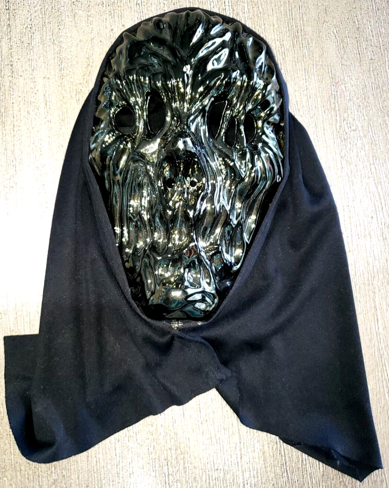 boys men HALLOWEEN MASK SHINY SILVER MELTED FLESH HEAD COVERING BLACK COSTUME - Image 1 of 1