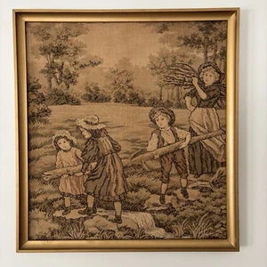 Antique Vintage Wall Hanging Needlepoint Tapestry 27x30 Country Cottage Muted - Picture 1 of 17