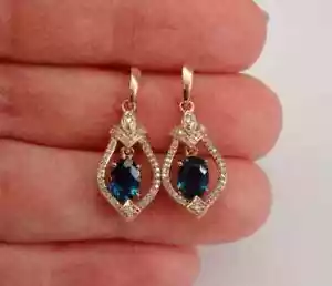3 Ct Oval Cut Lab Created London Blue Topaz Dangle Earrings 14K Rose Gold Plated - Picture 1 of 6