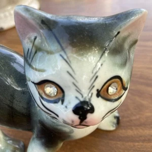 1950S KITSCH Japan Cat Kitten Figurines Rhinestone Jewel Big EYES MCM - Picture 1 of 6