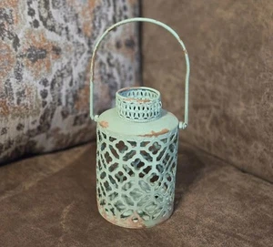 Rought Iron Morrocan Antique Style Green Aged-look Candleholder Hanging Lantern - Picture 1 of 8