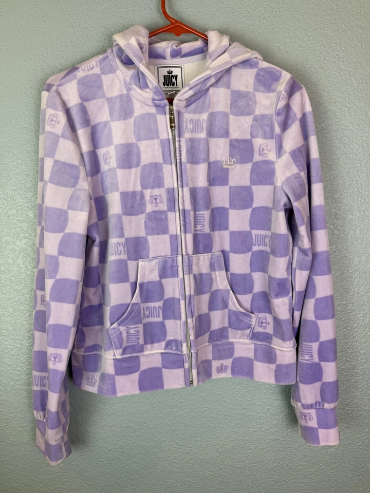 Juicy Couture Sudadera con Capucha Mujer Mediana Púrpura Corona a Cuadros Cremallera Completa Chaqueta de Terciopelo Foto 1 de 4
