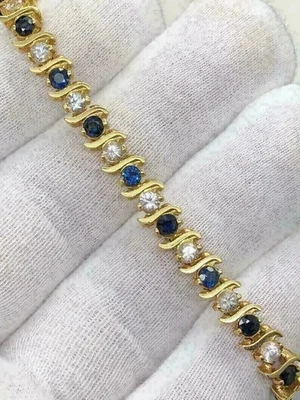 Pulseira de tênis 5 quilates safira azul e diamante criada em laboratório folheada a ouro amarelo 14K - Imagem 1 de 3