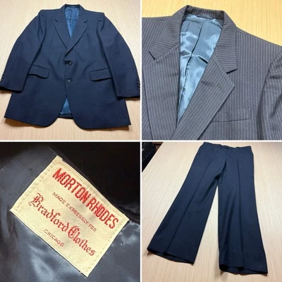 Traje De Colección Para Hombres Azul Marino Lana Rayas Frente Plano 2 Piezas 43L Chaqueta 36x32 Pantalón Foto 1 de 4