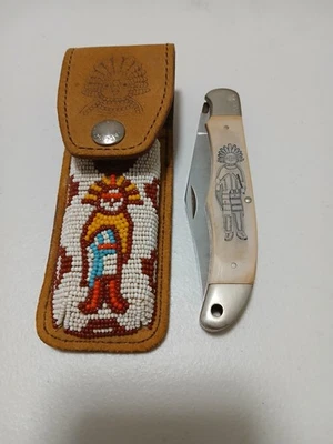 Schrade K.D. Cuchillo Kachina Scrimshaw EE. UU., con funda de cuero con cuentas Foto 1 de 4