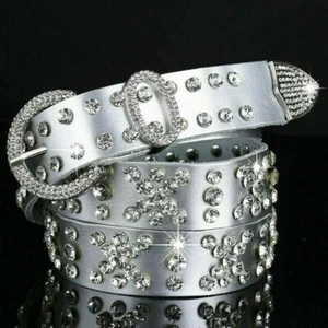 Cintura Donna Vera Pelle Strass Cristallo Borchie Glitter Vita Bling - Foto 1 di 16