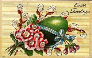 Easter Greetings Green Egg with Pussy Willows and flowers Embossed Postcard #24 - Picture 1 of 2