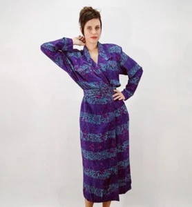 Vintage 80s Wrap Dress Purple Abstract Pattern Silk Shoulder Pad Belted New Wave - Picture 1 of 8