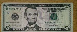 Aquarius Birthday Rare serial Number 22222 Five Dollar bill PERFECT GIFT - Picture 1 of 3