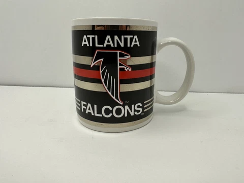 Vintage Atlanta Falcons Black Coffee Mug - Cup - NFL Logo Retro Helmet & Cursive Cover