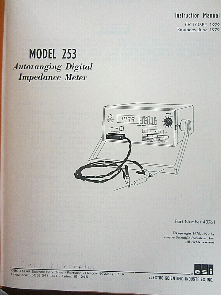 Electro Scientific Model 253 Autoranging Digital Impedance Instruction Manual - Image 1 of 1