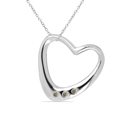 Nobile 0,03 Carati Champagne Diamante Ciondolo Cuore 925 Argento Collier Collana - Immagine 1 di 4