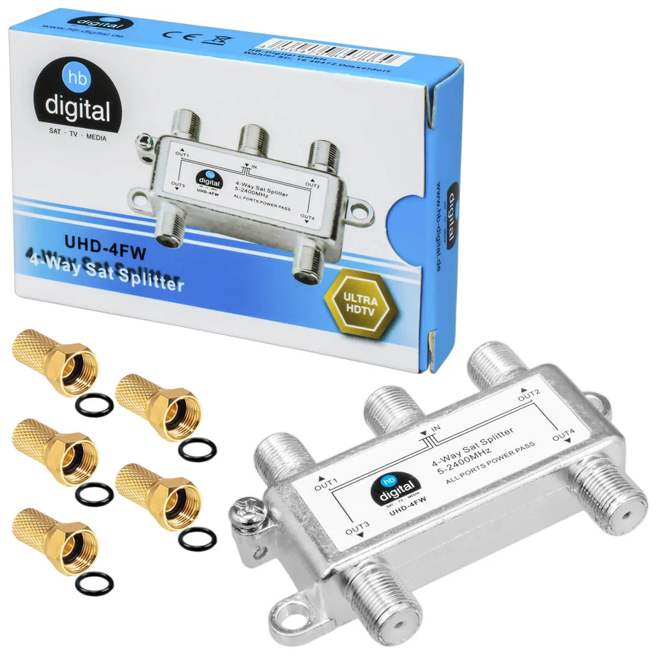 SAT Verteiler 4-fach Splitter 5-2400MHz 4-Wege HD DVB-T Erdungsklemme tauglich - Bild 1 von 4