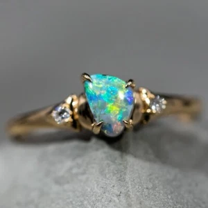 Mexican Fire Opal, Turquoise, Halo Diamond Engagement Ring in 18K Yellow Gold - Picture 1 of 8