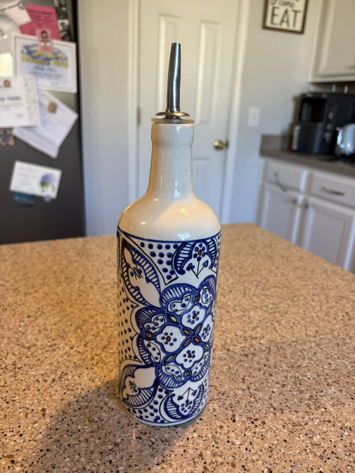 Tunis Vintage White and Blue Ceramic Oil or Vinegar Dispenser 22oz - Image 1 of 2