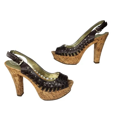 Guess Shoes Womens 8.5 Y2k Brown Leather Caged Studded Slingback Heels Platform - Image 1 of 4