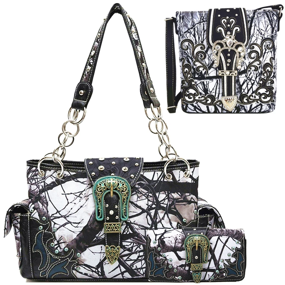 Camuflaje Hebilla Tachuelas Cartera Occidental Mujeres Bolso de Hombro Bandolera Cartera BK Foto 1 de 1