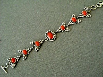 MARITA BENALLY  Native American Navajo Coral Sterling Silver Arrowhead Bracelet - image 1 of 4