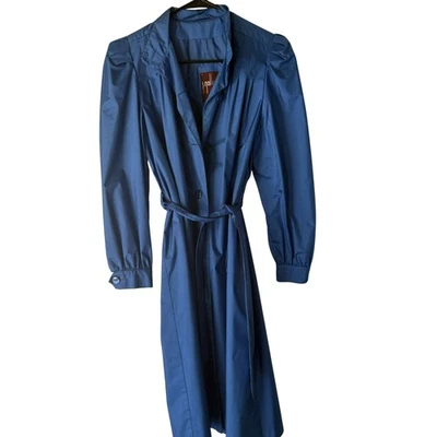 Vintage J Gallery Trench Coat Womens 8 Blue Belted Rubber Nylon Rain Jacket 80s - Image 1 of 4