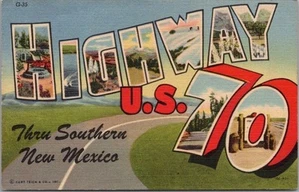 Tarjeta postal grande vintage 1950 "HIGHWAY U.S. 70" Nuevo México lino Curteich - Imagen 1 de 2