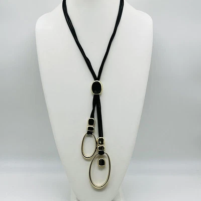 Collar Chico's Lariat Estilo Cordón Negro Tono Dorado Declaración Foto 1 de 4
