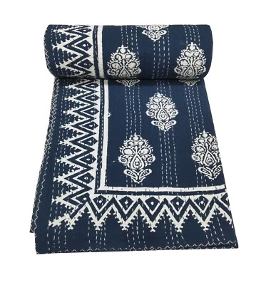 Kantha Quilt Indian Indigo Hand Block Print Bedspread Blanket Cotton Coverlet - Image 1 of 4