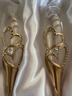 Champagne Glass with love hearts and Diamanté ~ 2pc set ~ Gold Toasting Flutes - image 1 of 4