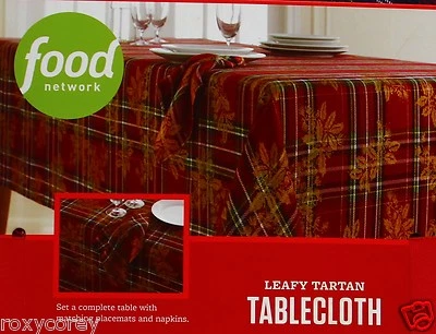 Christmas Food Network Red Green Leafy Tartan Plaid 60x84 Oblong Tablecloth NWT - Image 1 of 2