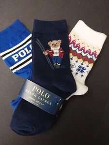 Ralph Lauren Boys 🐻 Polo Bear - POLO Ski BEAR Crew Socks Size 4-7 Shoe 10-13 - Picture 1 of 4