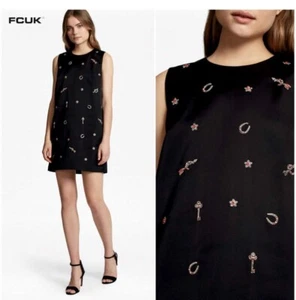 VINTAGE 90s French Connection Black Embellished Shift Dress Size Size 10 RRP119£ - Picture 1 of 4