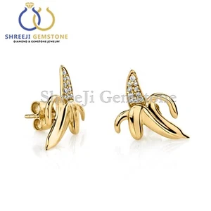 14k Yellow Gold Natural Diamond Banana Stud Earrings Handmade Fine Jewelry Gift - Picture 1 of 4