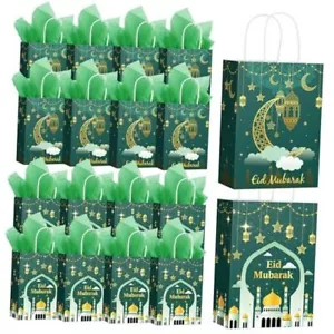 24 Pcs Eid Mubarak Gift Bags with Tissue Paper Ramadan Goodies Bags Happy Green - Picture 1 of 7