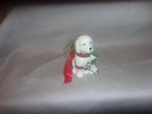 Spode Dog Holding Stocking Christmas Ornament England Porcelain Puppy Sweater - Picture 1 of 2