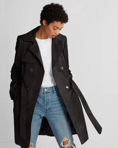 NEW EXPRESS $148 BLACK PIPED DOUBLE BREASTED TRENCH COAT SZ XXS - Picture 1 of 3
