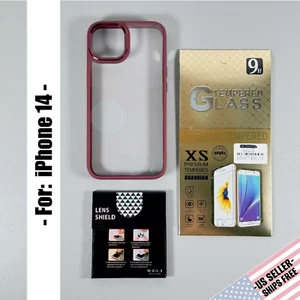 Case for iPhone 14 - Clear w/ Dark Cherry Frame | Screen Protector & Lens Shield - Picture 1 of 13