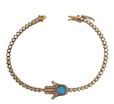 Hand of God "HAMSHA"  Diamond Tennis Bracelet with Turquoise Gem Rose Gold - Image 1 of 4