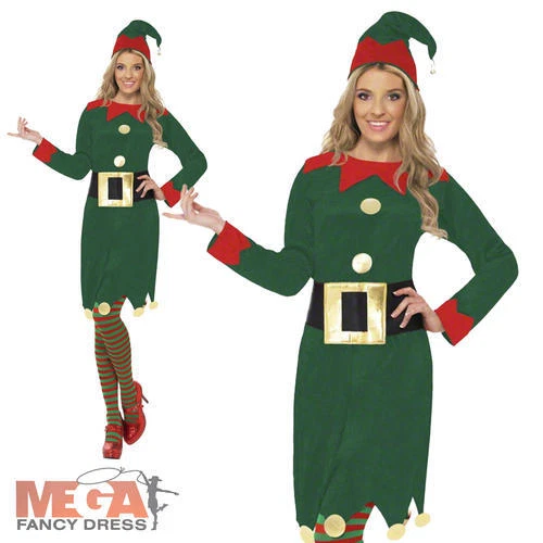 Elf + Tights Ladies Fancy Dress Santas Helper Xmas Christmas Adults Costume  - Image 1 of 1