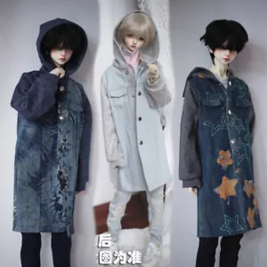 1/4 1/3 Denim Stitched Hooded Cardigan DD MSD Uncle Star Long Jacket BJD Clothes - Picture 1 of 23