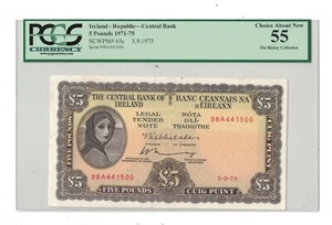 Ireland - 5.9.1975 Five Pounds Banknote (P-65c) - PCGS Choice About New 55 - Picture 1 of 2